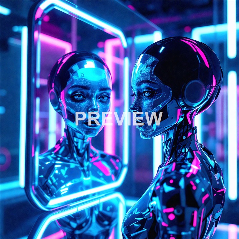 A futuristic, humanoid robot with a sleek, metallic body and illuminated blue and pink accents gazes at its reflection in a mirror, set against a background of neon lights.